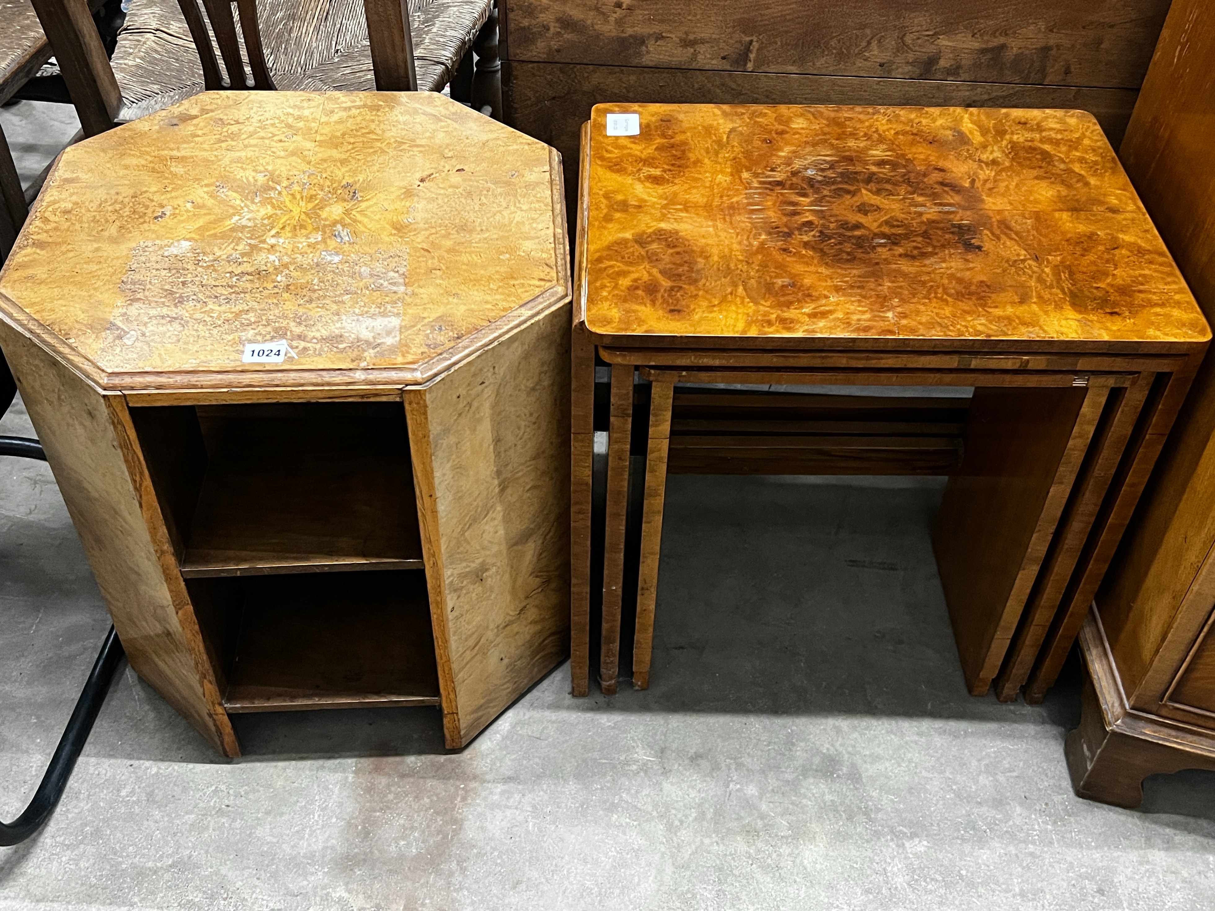 A nest of three Art Deco rectangular walnut tea tables, width 53cm, depth 38cm, height 54cm together with an Art Deco octagonal walnut book table